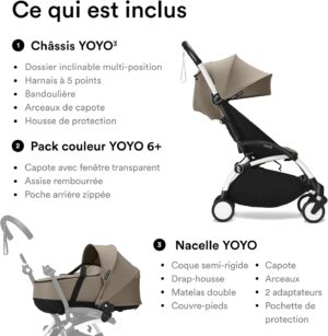 Poussette Stokke YOYO3 nacelle nouveau-né, cadre blanc, Taupe