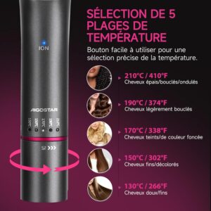 Aigostar Tessa - Brosse Lissante Ionique pour Cheveux,Fer a Lisser Professionnel,5 Reglages De Temperature,130C-210C,Chauffage Rap