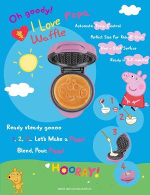 Peppa Pig Gaufrier, Mini-gaufrier au design unique de Peppa Pig, ideal pour les anniversaires d'enfants, Paques et Noel, taille des