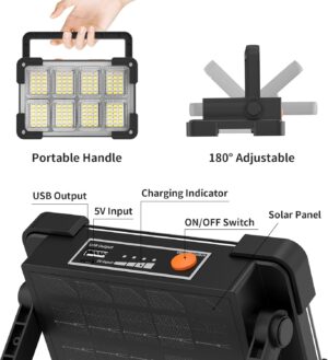 OHAYORI Projecteur LED Rechargeable Portable, Lampe de Travail Etanche, Lumiere USB 4 Modes Avec Panneau Solaire Pour Camping, Garag