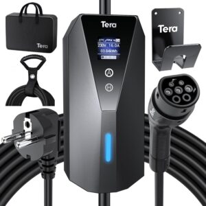 Tera Portable EV Charger Type 2 with 7m Charging Cable 3.68kW 16A Schuko Plug Adjustable Charging Box Cable Ties P02 Black