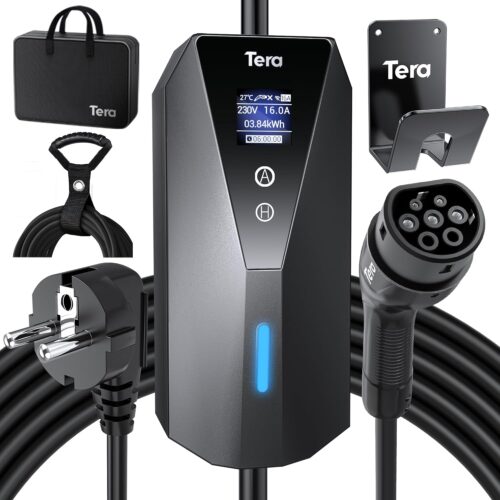 Tera Portable EV Charger Type 2 with 7m Charging Cable 3.68kW 16A Schuko Plug Adjustable Charging Box Cable Ties P02 Black