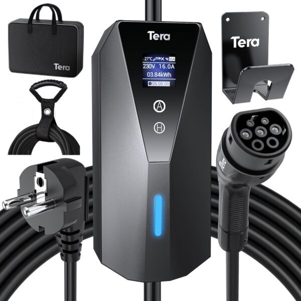 Tera Portable EV Charger Type 2 with 7m Charging Cable 3.68kW 16A Schuko Plug Adjustable Charging Box Cable Ties P02 Black
