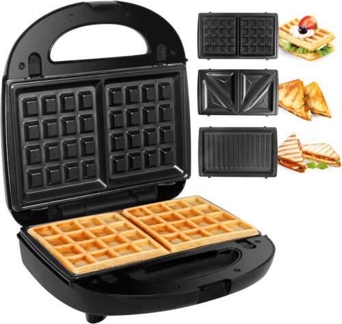Gotoll Appareil a Croques Monsieur Gaufrier 3 en 1 Machine a Sandwich Maker Gauffre Presse Toaster Pain Plaques Remplacables 750W -