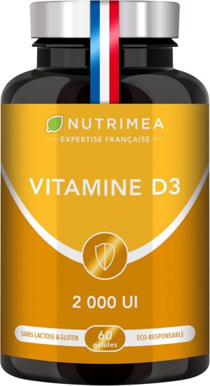 VITAMINE D3 100 Pure - 2000 UI - 1000 des Apports Journaliers Sante des Os des Dents - Immunite - 60 Gelules Nutrimea - Fa