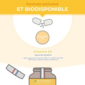 VITAMINE D3 100 Pure - 2000 UI - 1000 des Apports Journaliers Sante des Os des Dents - Immunite - 60 Gelules Nutrimea - Fa