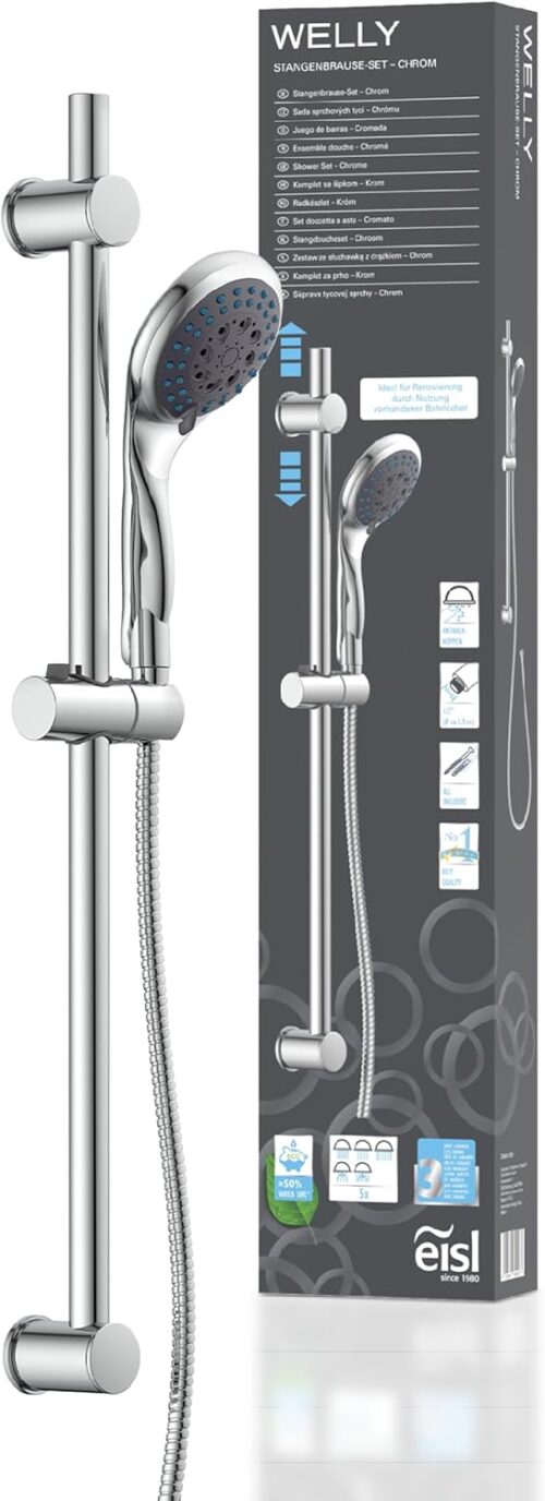 EISL WELLY DX6051CSB Shower Set with Hose and Bracket, Water Saving Gasket, Shower Head with Hose Chrome