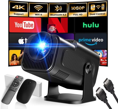 App integree 2025 Upgraded Videoprojecteur 1920 1080P FHD 4K Mini Projecteur Portable Dual Controle avec Souris Android TV WiFi