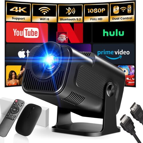 App integree 2025 Upgraded Videoprojecteur 1920 1080P FHD 4K Mini Projecteur Portable Dual Controle avec Souris Android TV WiFi