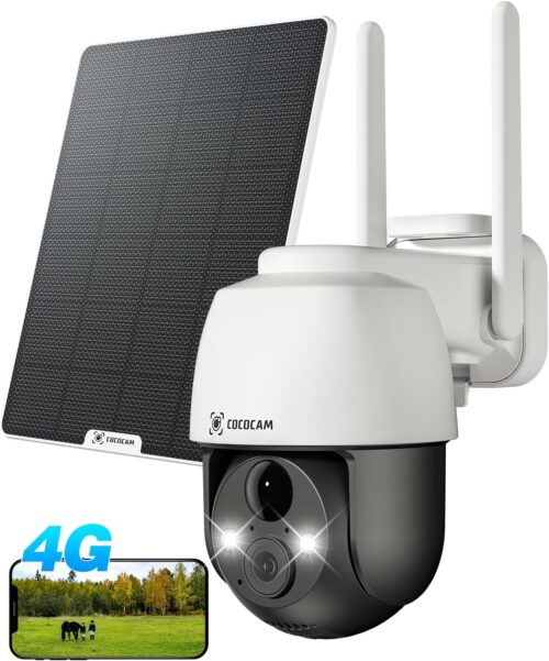 COCOCAM 4G LTE Wireless Outdoor Surveillance Camera, 2K Solar PTZ 4G with SIM Card, PIR Human Detection, AI Recognition, 10000mAh Ba