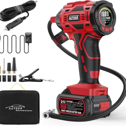 AUTDER Portable Air Compressor, 180 PSI Wireless Tyre Inflator with Two Power Sources, 21V12V DC Battery, Digital Pressure Gauge, A