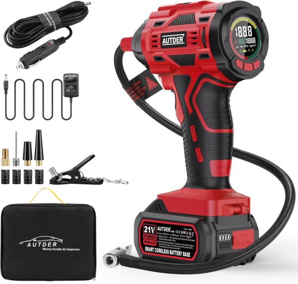 AUTDER Portable Air Compressor, 180 PSI Wireless Tyre Inflator with Two Power Sources, 21V12V DC Battery, Digital Pressure Gauge, A