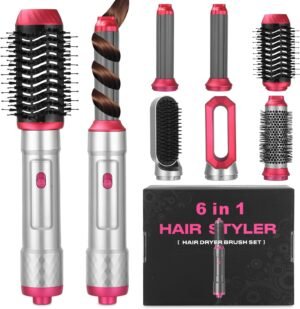 Ixydor 6 en 1 Air Styler,Brosse a Air Chaud avec 1000W Seche Cheveux,Fer a Friser,Brosse Lissante Chauffante,Brosse Coiffante,3 Temp
