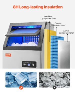 VEVOR Ice Cube Maker with 54.5kg24h Production Capacity and 12.7kg Storage Capacity, 36 Ice Cubes in 15 Minutes, LED Digital Displa