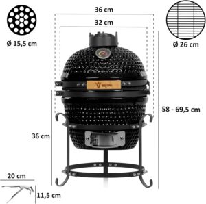 71h8-w7zcuL._AC_SL1500_.jpg BBQ-Toro Kamado Haiiro Barbecue au charbon de bois Ø 32 cm avec thermometre, poignee en bois Kamado en ceramique, mini barbecue au