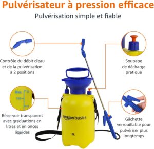 Amazon Basics Pulverisateur a pression avec mecanisme de declenchement verrouillable, 5 litres