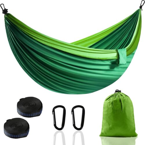 Hamac de camping d'exterieur - Hamac parachute portable super leger avec deux sangles d'arbre - En nylon - Arbre de voyage (vert fon