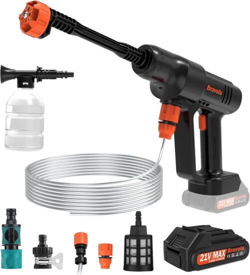 Nettoyeur Haute Pression sur Batterie, Bravolu Max 500 PSI Nettoyeur Haute Pression sans Fil Portable avec Accessoires, Buse Multi-F