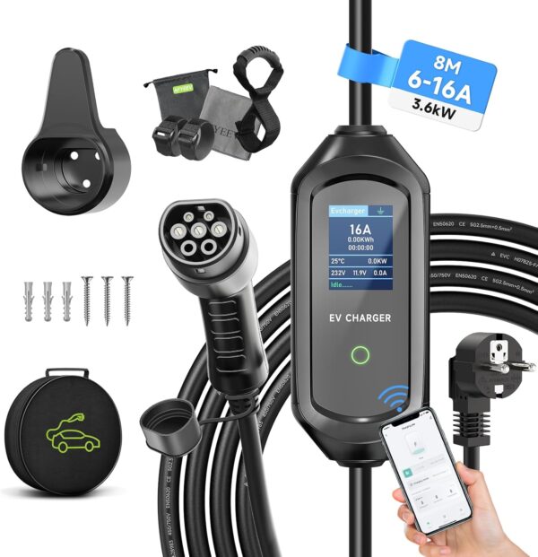 AFYEEV 3.6kW Electric Car Charger, 8101316A Switchable Current, Electric Car Charging Cable with Bag, IEC 62196-2, Type 2, 8 M