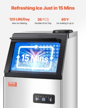VEVOR Ice Cube Maker with 54.5kg24h Production Capacity and 12.7kg Storage Capacity, 36 Ice Cubes in 15 Minutes, LED Digital Displa
