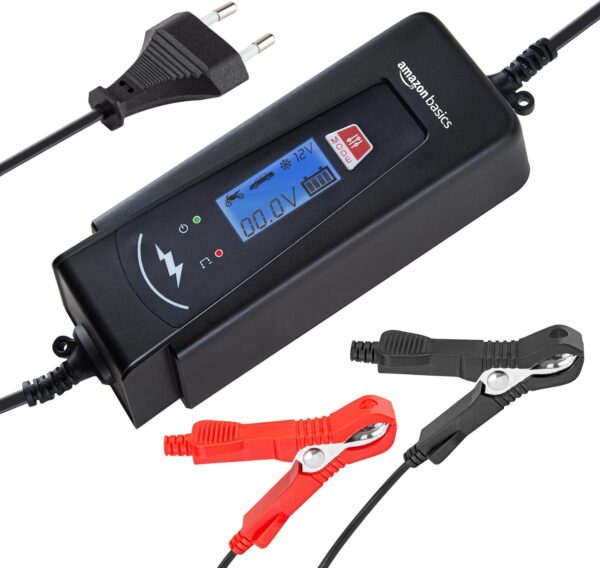 Amazon Basics Smart Automatic Battery Charger with Battery Tester Function, EU Plug, Output: 2A4A, 6V12V DC, Black