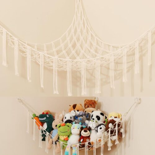 iKeelo Range Peluche Hamac de Rangement pour Jouets, en Macrame pour Animaux en Peluche, Organisateur Suspendu pour Chambre d'Enfant