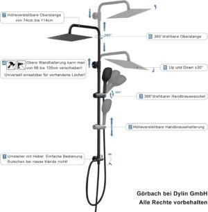 Colonne de douche Gorbach carrée noire réglable murale