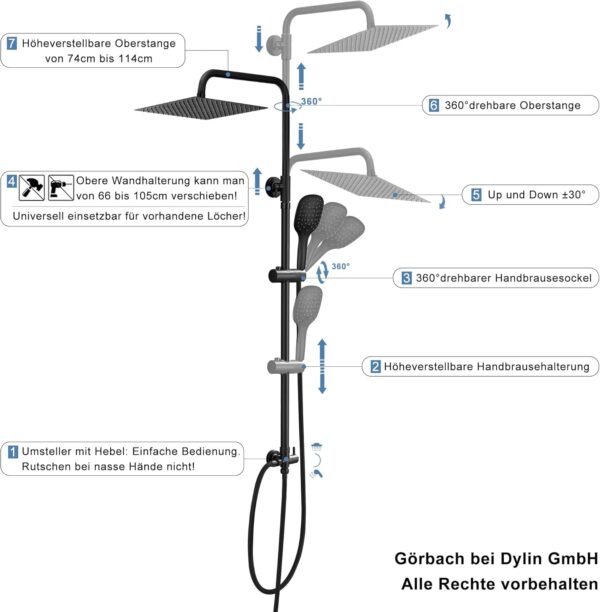Gorbach Square Shower Column Shower Head Shower Bathroom Shower Column Black without Tap Adjustable Height Wall Shower Set with Show