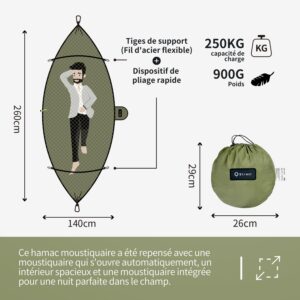 BTRWOR Hamac d'exterieur avec moustiquaire Hamac de Voyage en Nylon Charge maximale de 300 kg 260 x 140 cm Accessoires de Ca