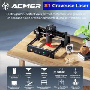 ACMER S1 Graveur Laser Portable 6W, Decoupeuse Laser Mini a Precision 0.04 mm, Zone de Gravure 130130 mm, Machine a Graver Laser po
