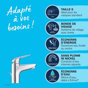 GROHE Swift Mitigeur Monocommande Lavabo, Economie d'Eau, Ouverture Eau Froide, Taille S, Tirette et Vidage, Installation Facile, Ch