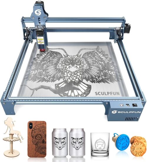 SCULPFUN S9 Graveur laser, 90W effet decoupeuse gravure laser sur metal, gravure et decoupe rapides en Bois, mise au point fixe et p