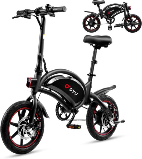DYU Folding Electric Bike, 14 Inch Portable Electric Bike, Smart E-Bike, Pedaling, Adjustable Height, Portable Compact, Unisex Adult