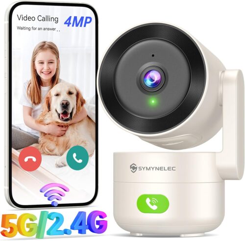 SYMYNELEC 2K 4MP 5GHz2.4GHz WiFi Indoor Surveillance Camera, 360 Security Camera with AI Human Detection, Night Vision, Two-Way Au