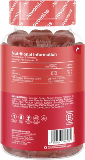 71krxT4hsQL._AC_SL1500_.jpg Gommes Fer 20 mg Fumarate Ferreux 24 mg Vitamine C Fatigue, Immunite Energie Vegetalien, Sans Sucre Sans Gluten 60 Gom