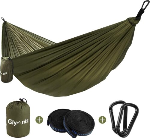 Glymnis Hamac Ultra-leger en Nylon 300kg Capacite de Charge 275x140cm avec 2 x Sangles en Nylon et 2 x Mousquetons pour Camping Voya