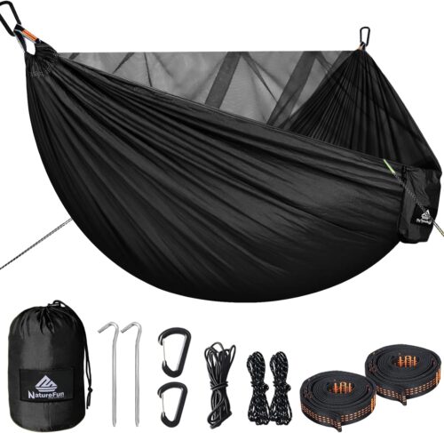NATUREFUN Hamac de Camping avec Moustiquaire Capacite de Charge de 300kg, (290 x 140 cm) Nylon Parachute Respirant, sechage Rapide