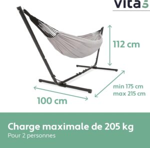 Vita5 Hamac sur Pied Exterieur pour des Heures de Detente, Hamacs 2 Personnes avec Toile en Coton, Support Portable et Solide en Aci