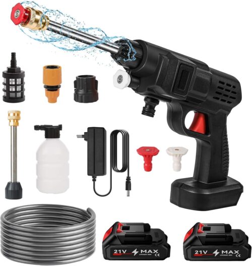 Nettoyeur Haute Pression sans Fil 50 Bar, Nettoyeur Haute Pression de 21 V avec 5m Tuyau et 2 Buse, 1200mahx5 Pistolet a Jet dEau e