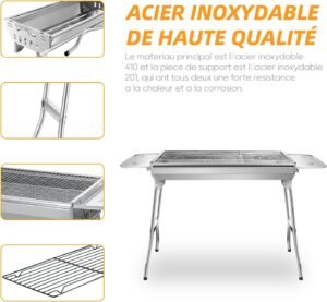 SunJas Barbecue a Charbon de Bois INOX Taille Grande BBQ Pliable Barbecue Grill a Charbon Four de Charbon Portable Robuste 73 x 32