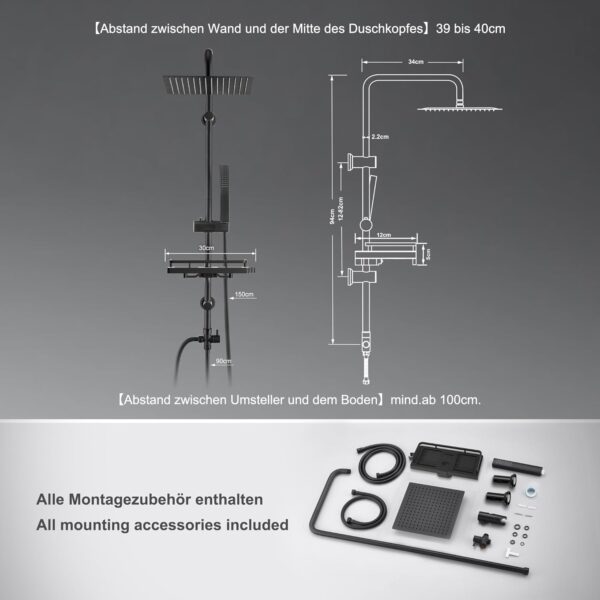 Gorbach Rainfall Shower Column without Tap Stainless Steel Adjustable Wall Mounted Shower Set Rain System with Rain Shower Head, She