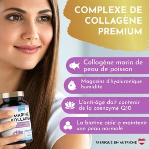 Premium Collagene Marin Complex 1000mg hautement dose Acide Hyaluronique - 120 Caps Coenzyme Q10, Zinc, Cuivre, Manganese, Vitam