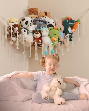 iKeelo Range Peluche Hamac de Rangement pour Jouets, en Macrame pour Animaux en Peluche, Organisateur Suspendu pour Chambre d'Enfant