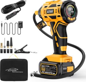 AUTDER Portable Air Compressor, Car Tyre Inflator, Max 180 PSI12.4 Bar, Wireless Car Compressor with 21V and 12V DC Battery, for Ca