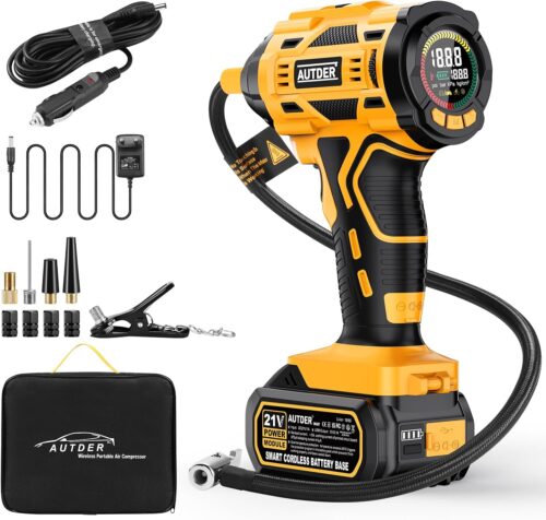 AUTDER Portable Air Compressor, Car Tyre Inflator, Max 180 PSI12.4 Bar, Wireless Car Compressor with 21V and 12V DC Battery, for Ca