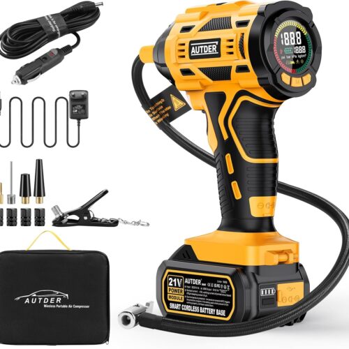 AUTDER Portable Air Compressor, Car Tyre Inflator, Max 180 PSI12.4 Bar, Wireless Car Compressor with 21V and 12V DC Battery, for Ca