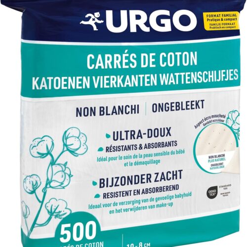 Urgo - Carres de coton - x500 unites - FORMAT FAMILIAL - Ultra-doux Absorbants - Coton de qualite certifiee OEKO-TEX Non Blanchi