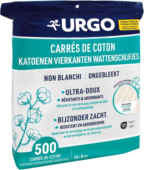 Urgo - Carres de coton - x500 unites - FORMAT FAMILIAL - Ultra-doux Absorbants - Coton de qualite certifiee OEKO-TEX Non Blanchi
