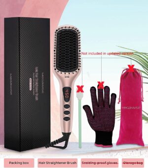 Lisseur a cheveux Megawise (2025) avec brosse en ceramique ; Fer plat double tension anti-brulure Cordon rotatif Arret automatiq
