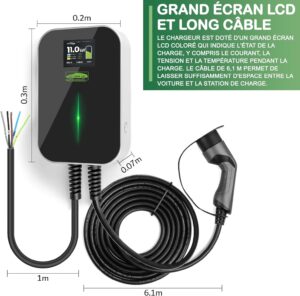 ANFIL 3-Phase Charging Station for Electric Vehicles - EU Standard 16A Charger, 11kW IEC 62196-2 - 6.1m Charging Cable, Type 2 Plug